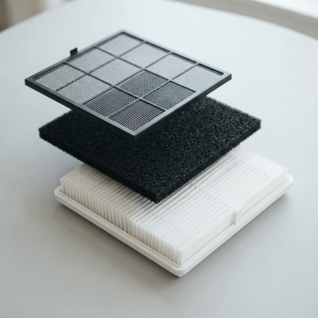 Three separated filter layers showing mesh, black carbon and white pleated media