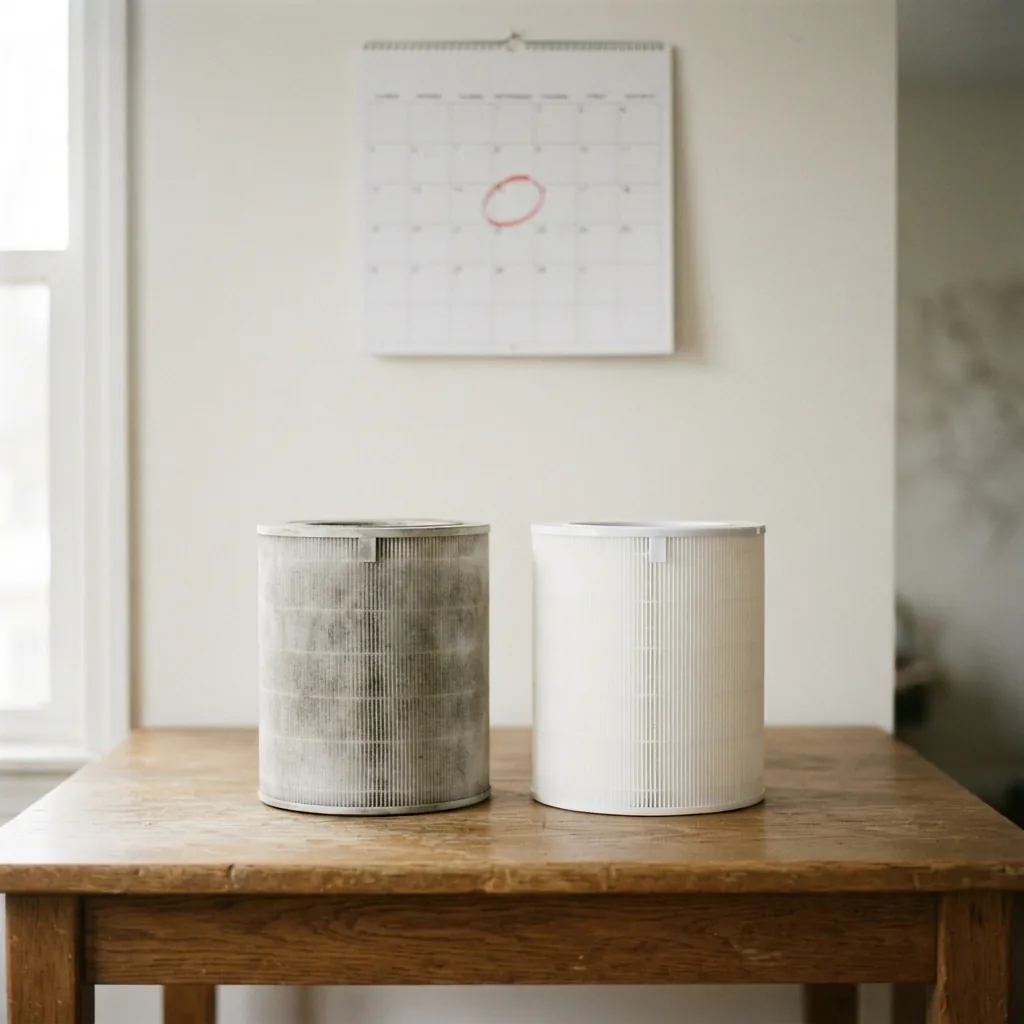 Marked wall calendar beside a used filter and a new filter on a table