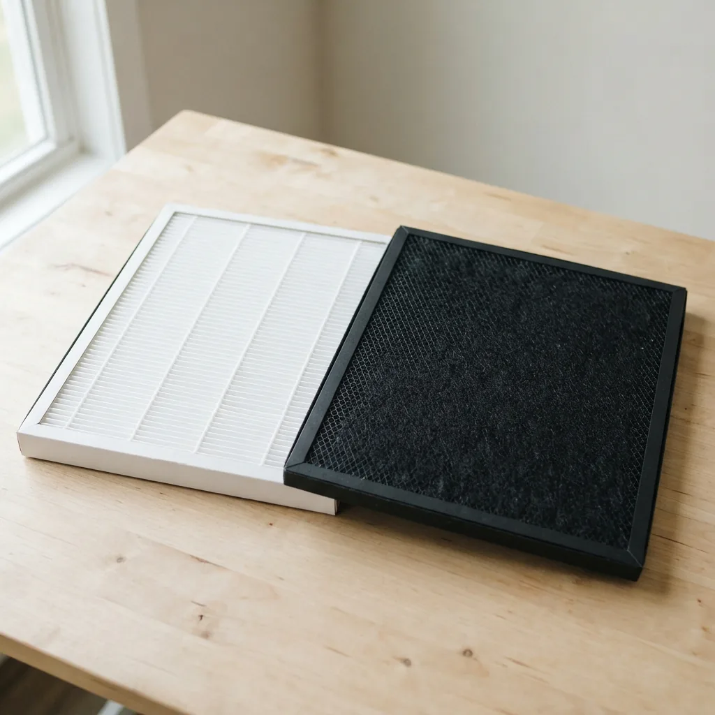 Side-by-side comparison of a white pleated HEPA filter and a black carbon filter on a light table.