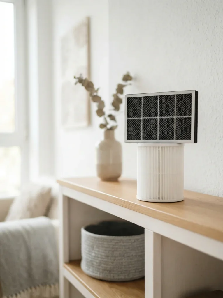 Assortment of clean replacement air purifier filter cartridges on a bright living room shelf