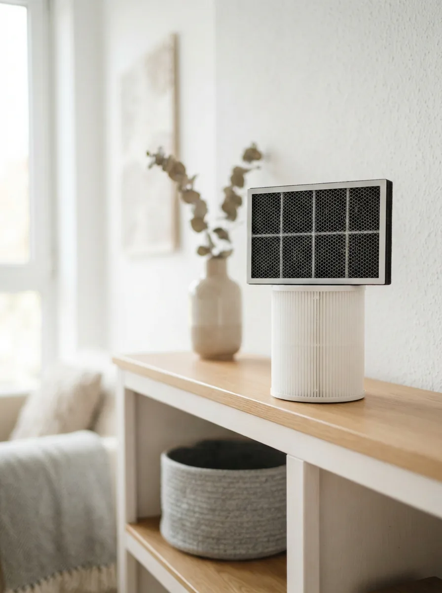 Assortment of clean replacement air purifier filter cartridges on a bright living room shelf