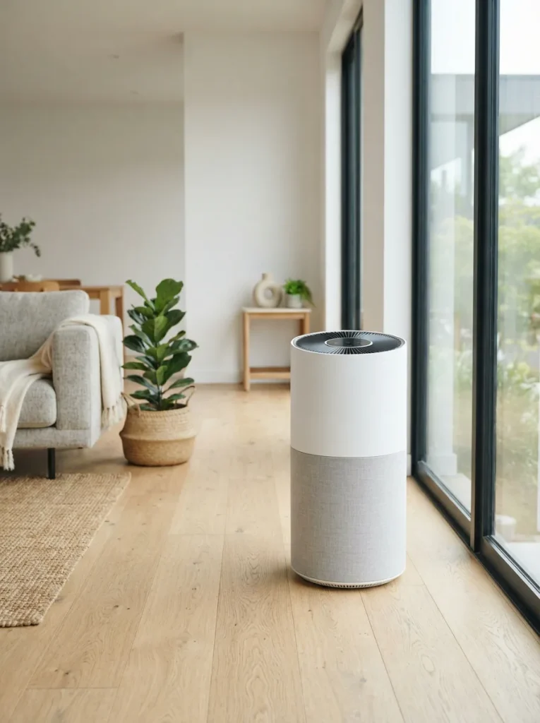 Air purifier on a light wood floor in a bright open living room