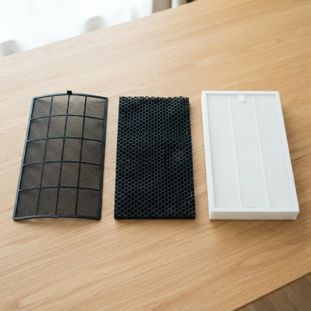 Disassembled air purifier filter layers laid out in a row on a table