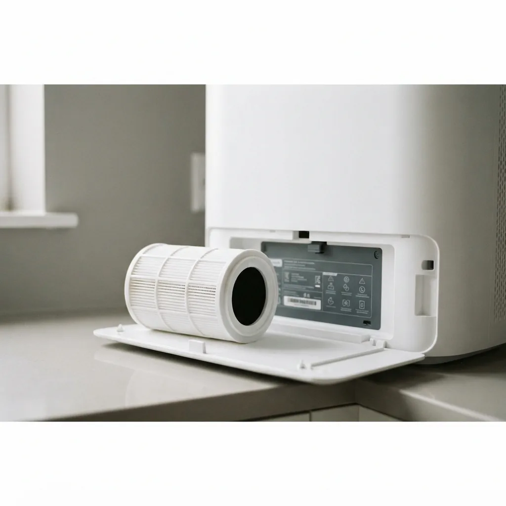 Filter cartridge held beside the model number plate of an air purifier