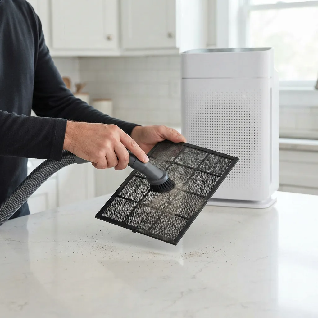 Adult holding the removable mesh pre-filter of the Winix Zero while vacuuming it with a brush attachment