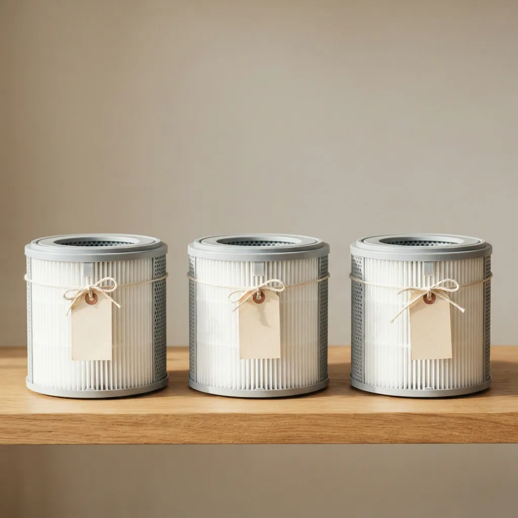 Three replacement filter cartridges on a shelf each with a small blank discount tag hanging from a string