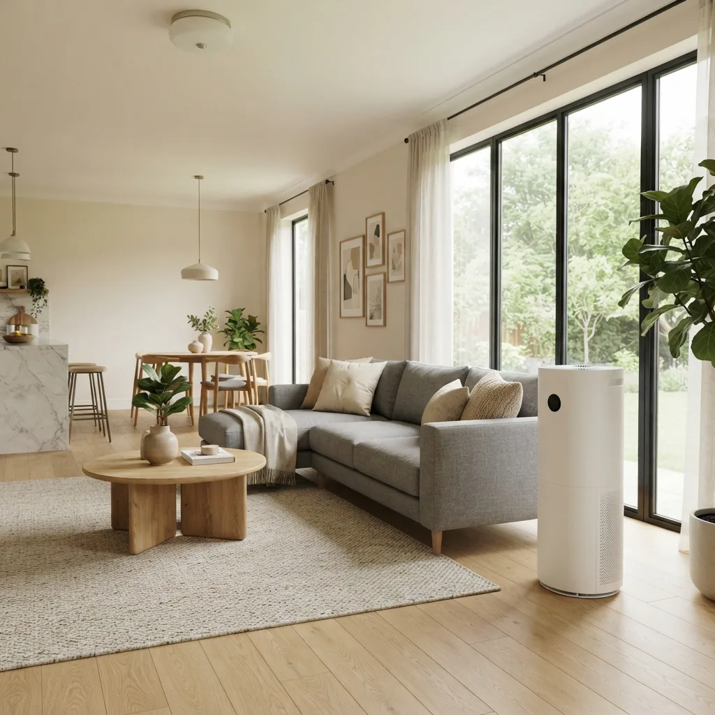 An open-plan living room with a tall white air purifier beside a sofa and large windows