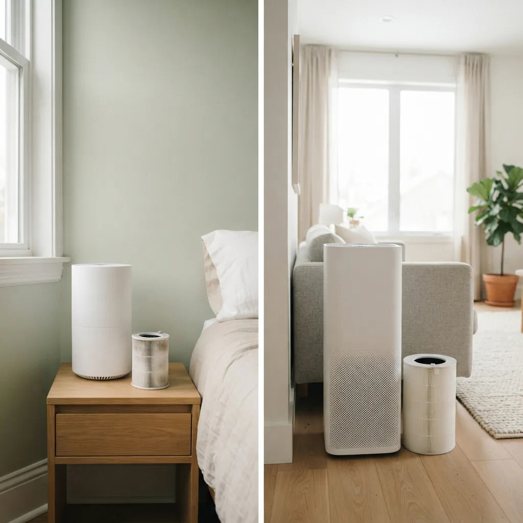 Small and large white air purifiers with filters in a modest room and a spacious living room