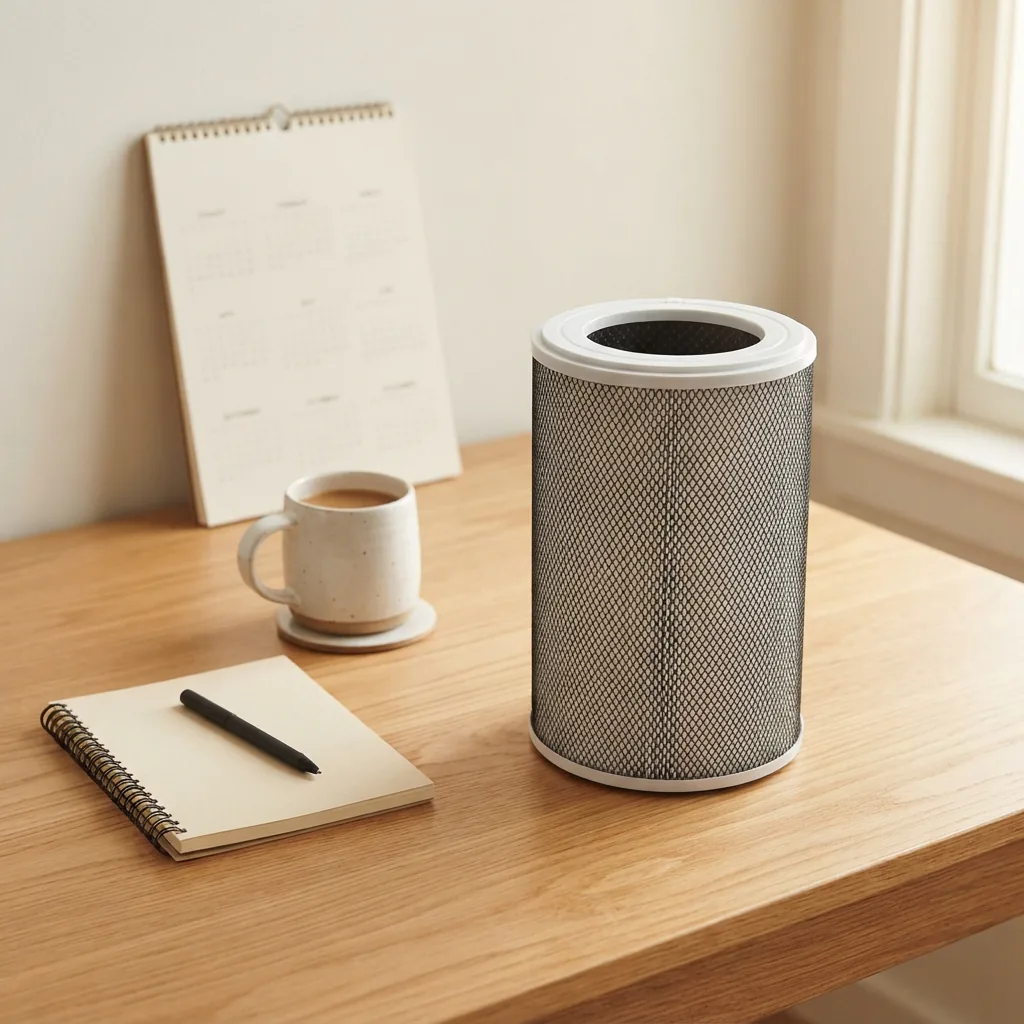 Calendar and Winix C545 replacement filter cartridge on a table with a mug and notebook