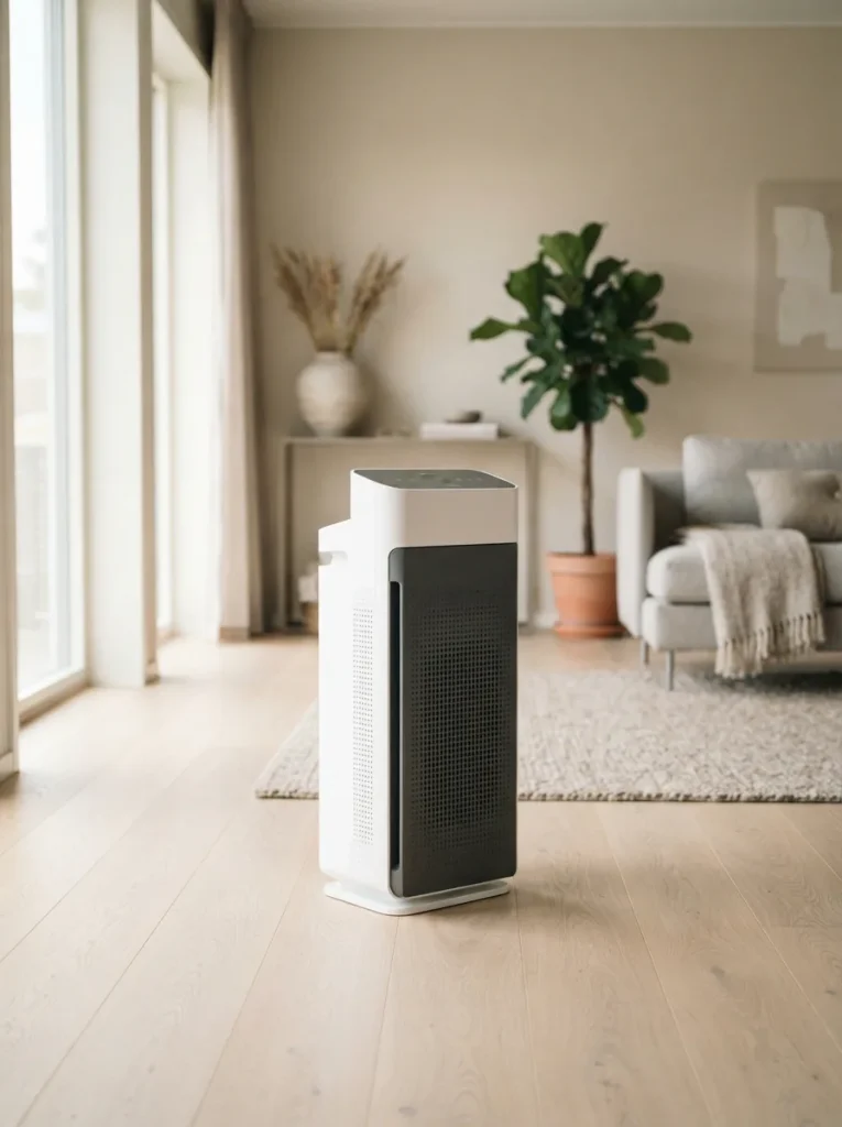Winix C610 air purifier standing on a light wood floor in a bright modern living room