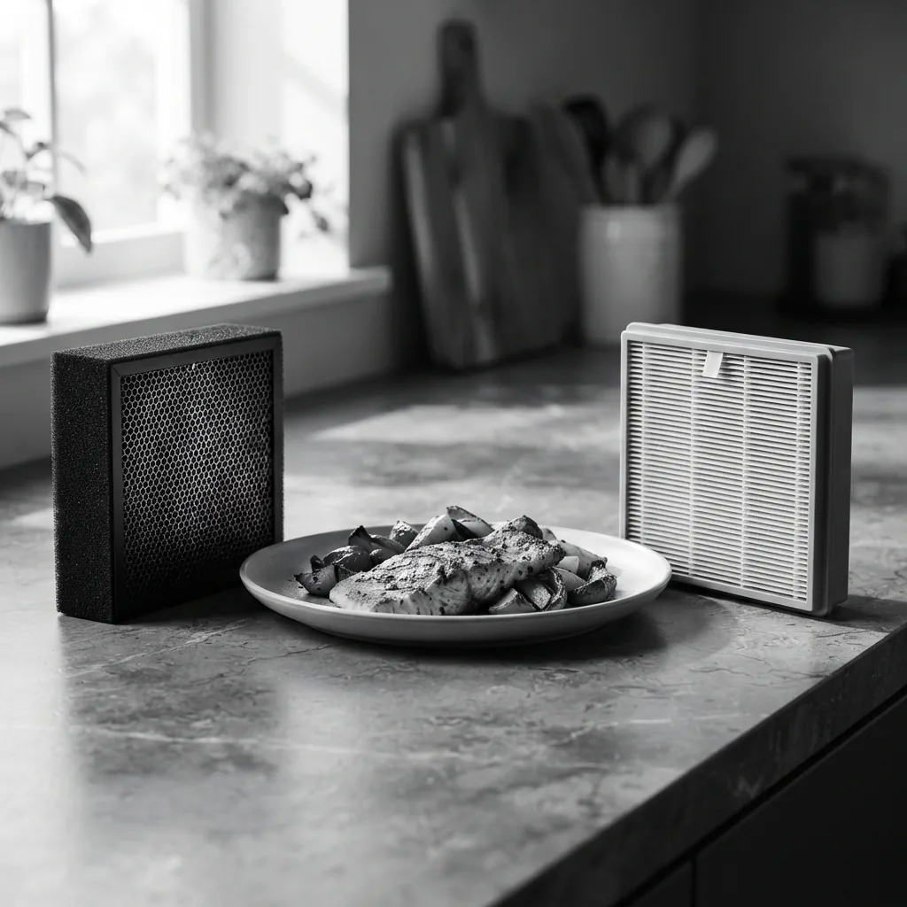 Carbon filter and pleated HEPA filter flanking a plate of cooked food on a counter
