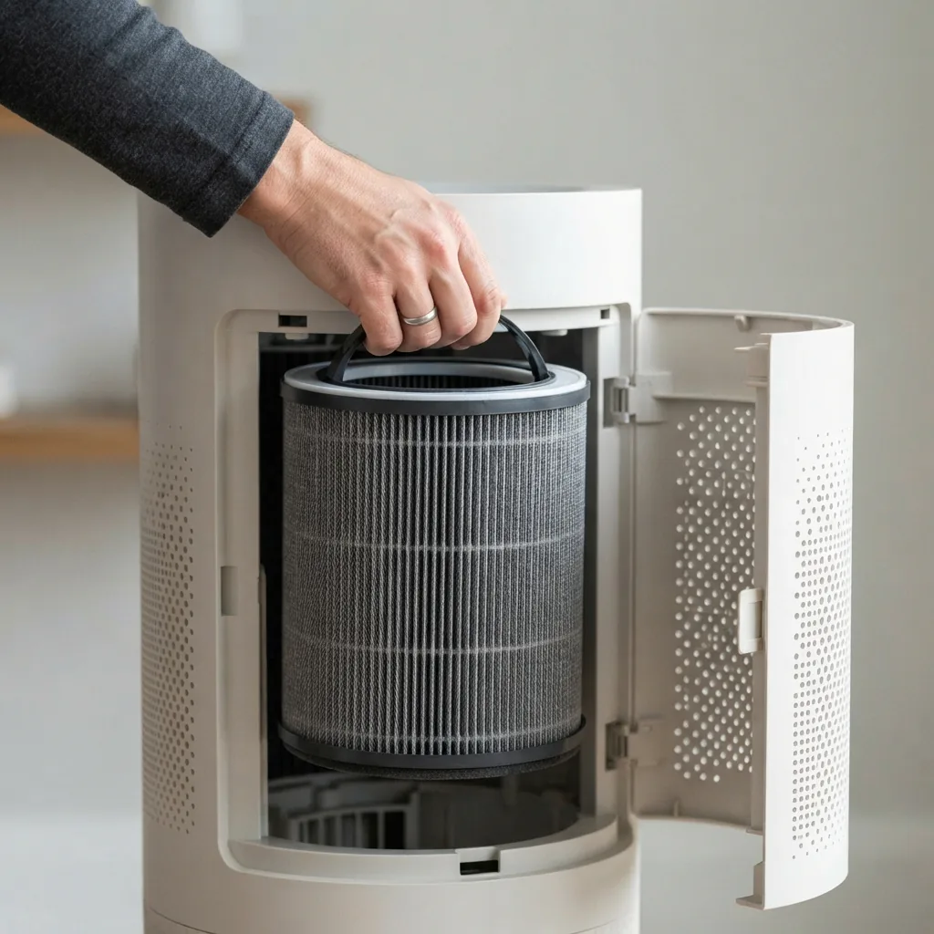The rear filter door of a Winix A230 open with one adult hand lifting out the cylindrical filter cartridge