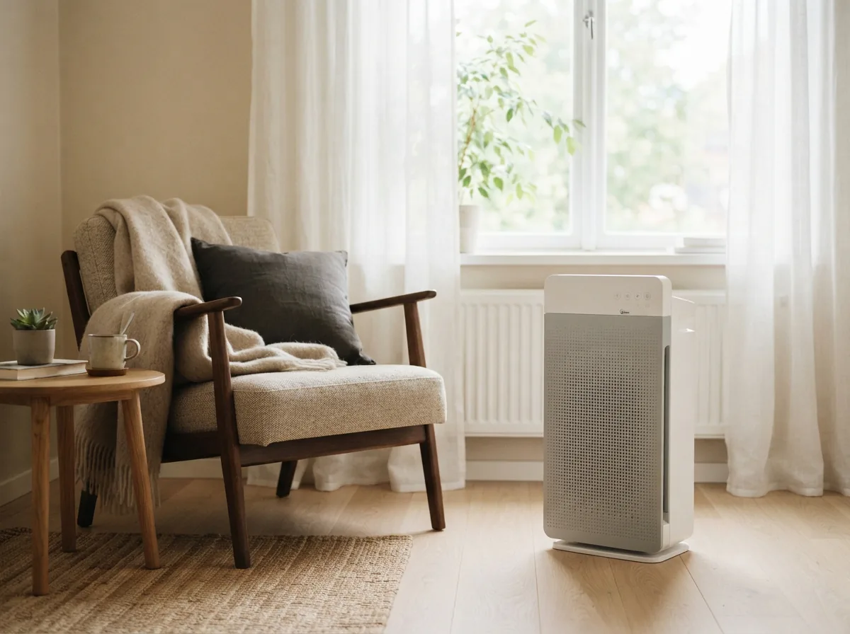 Winix D360 air purifier standing on a light floor beside a reading chair by a window