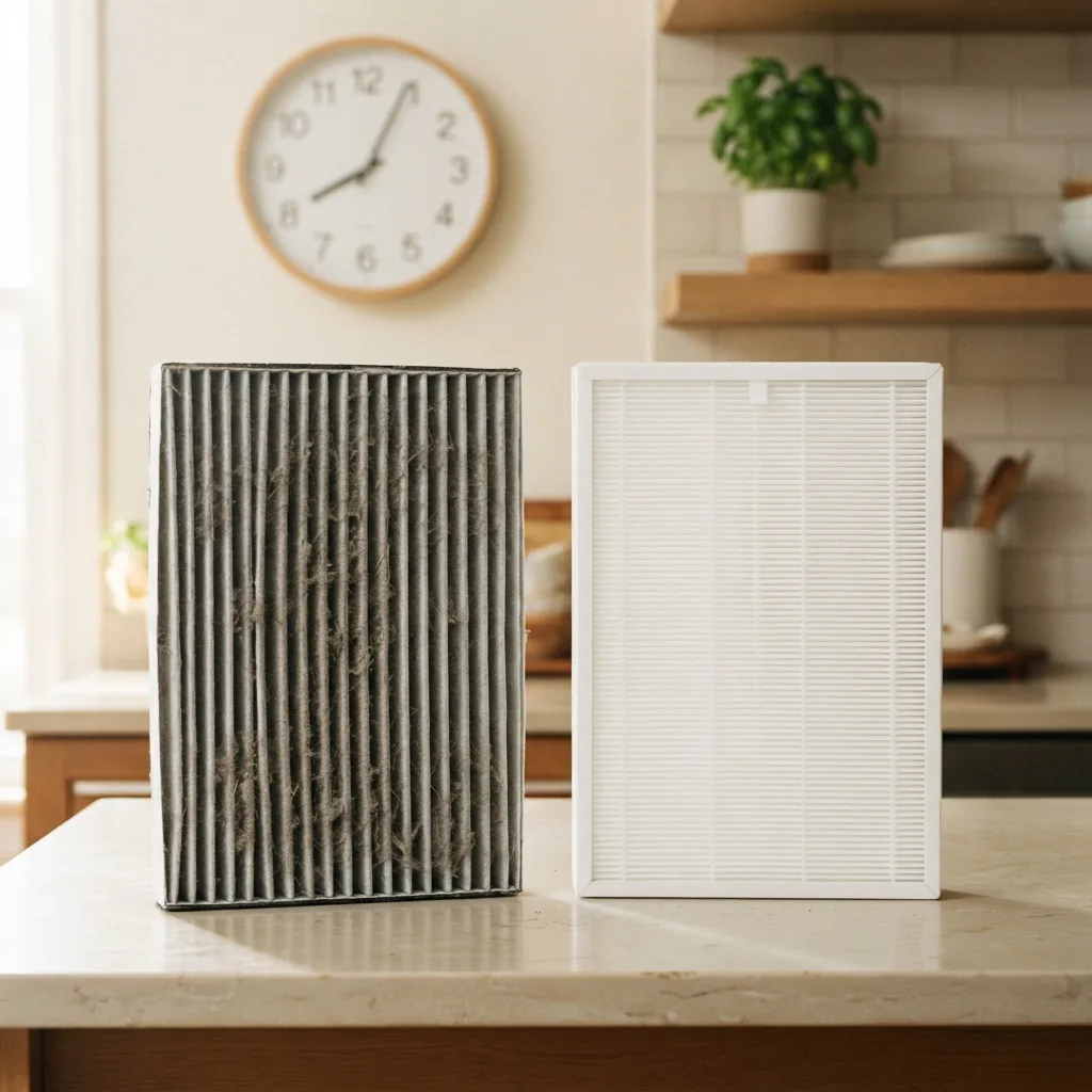 A dusty gray pleated filter beside a clean white replacement filter on a kitchen counter, a round clock behind them.