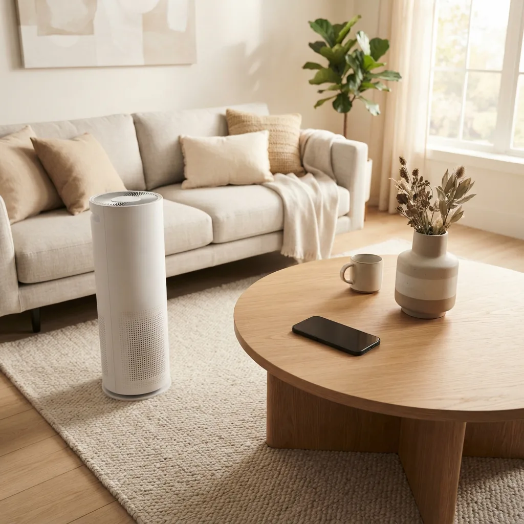 Phone resting near a Winix purifier in a modern living room