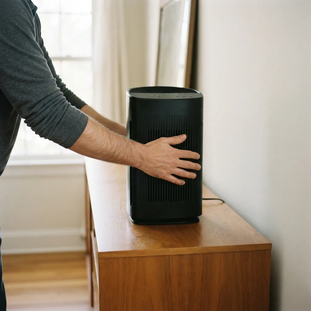 One adult sliding the Winix 5510 air purifier into place on a wooden dresser in a bedroom with open space around it