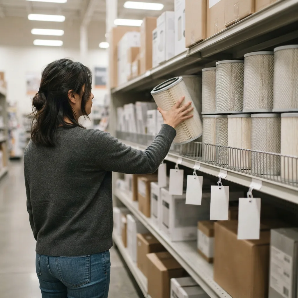 Filter cartridges on a store shelf with sale price tags visible in a bright aisle