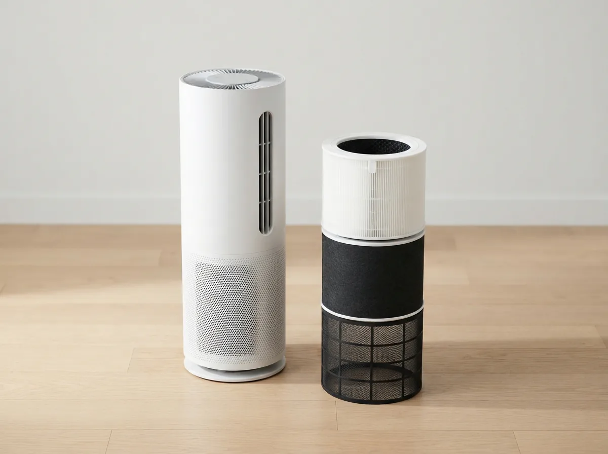 Winix C535 air purifier with its pre-filter, carbon filter and True HEPA filter laid out beside it