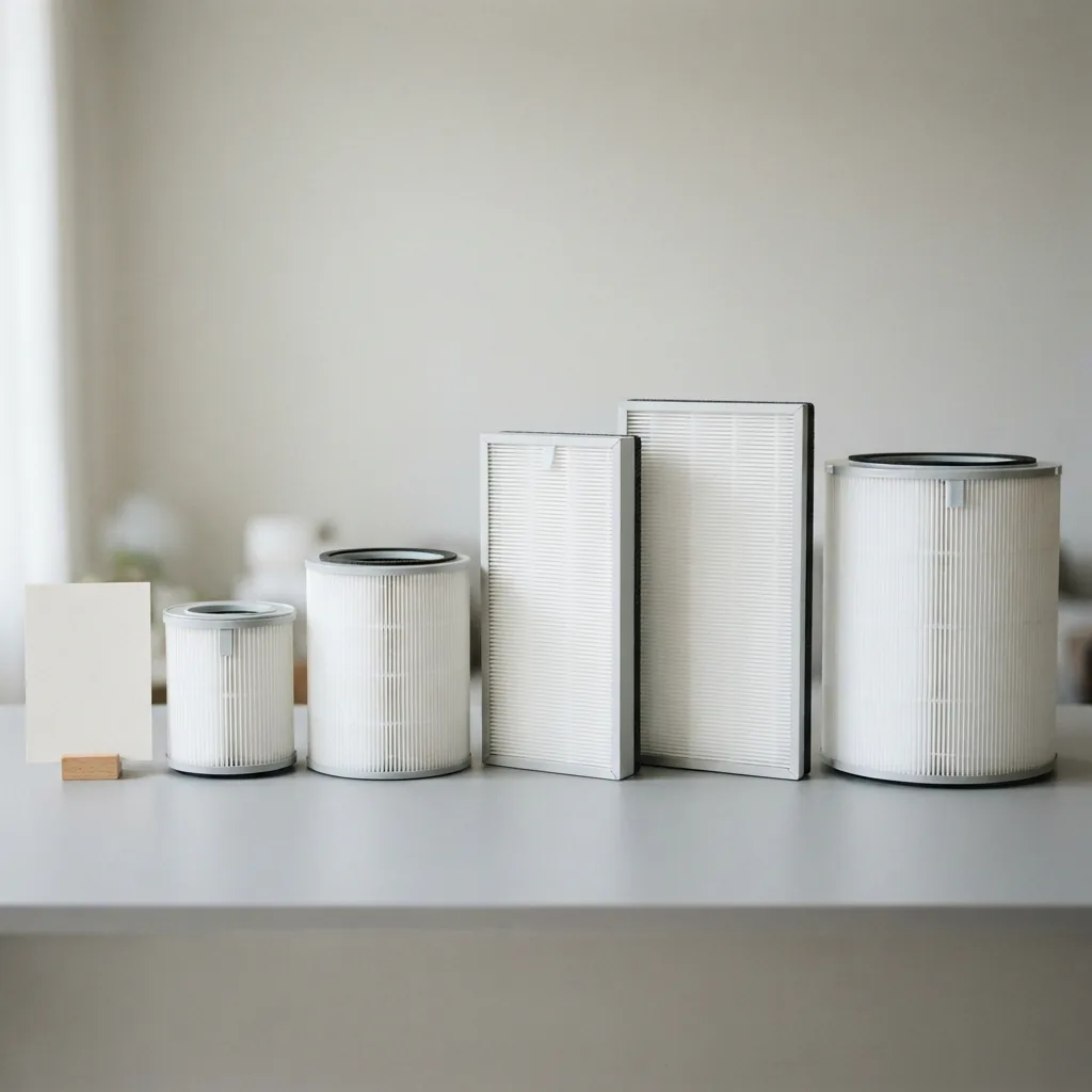 Five differently sized Winix replacement filter cartridges lined up on a white table beside a printed model-number card