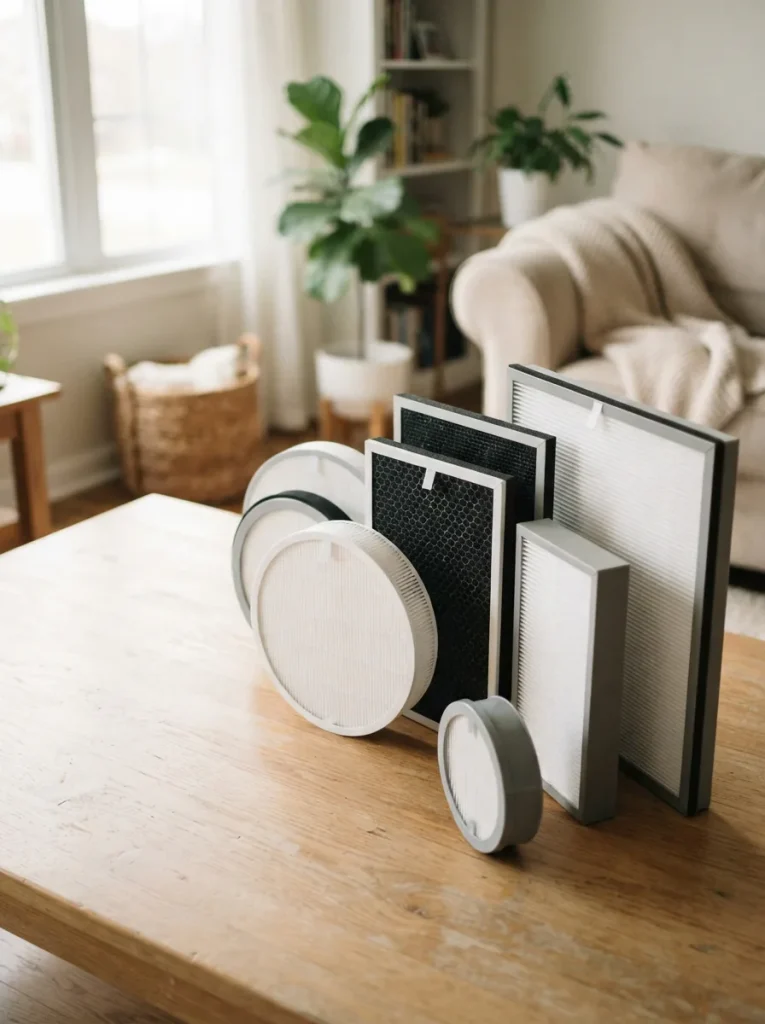 Several replacement air purifier filters of different sizes arranged across a bright living room table