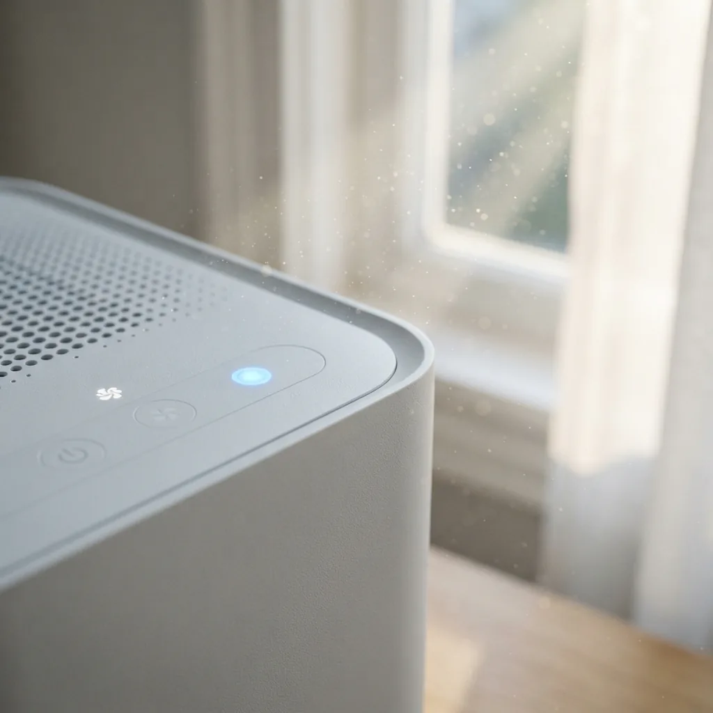 Close view of an air purifier control area glowing beside a window with clean air