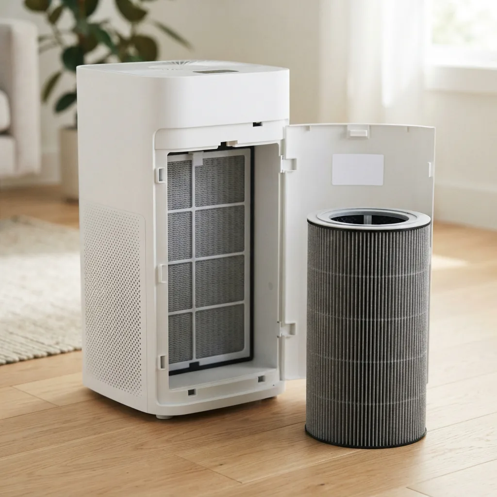 Label panel on a white air purifier showing a model number beside a filter