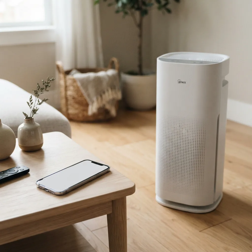 Smartphone resting on a side table beside the Winix C610 air purifier in a living room