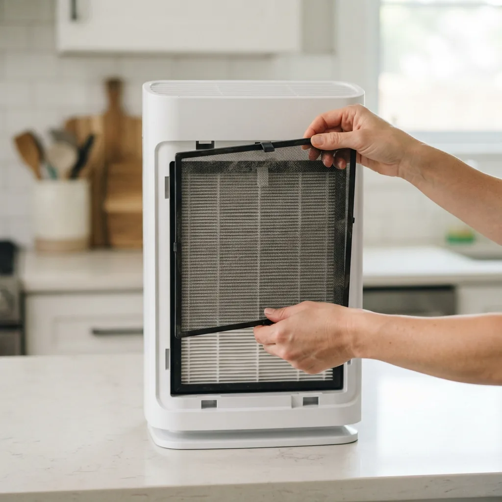 Adult hands lifting the washable pre-filter out of the front of a Winix AM90 air purifier