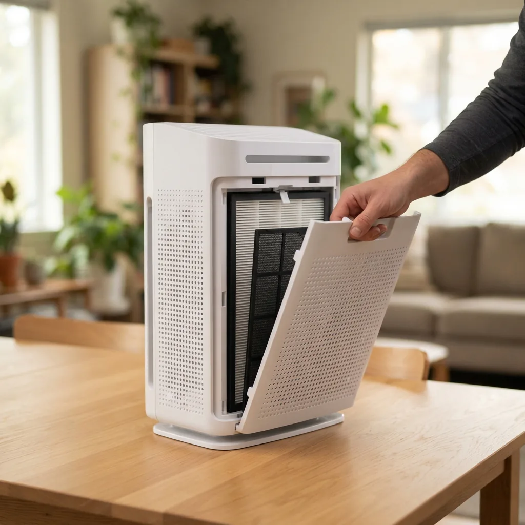 An adult hand opening the rear filter grille of a Winix C610 air purifier on a table