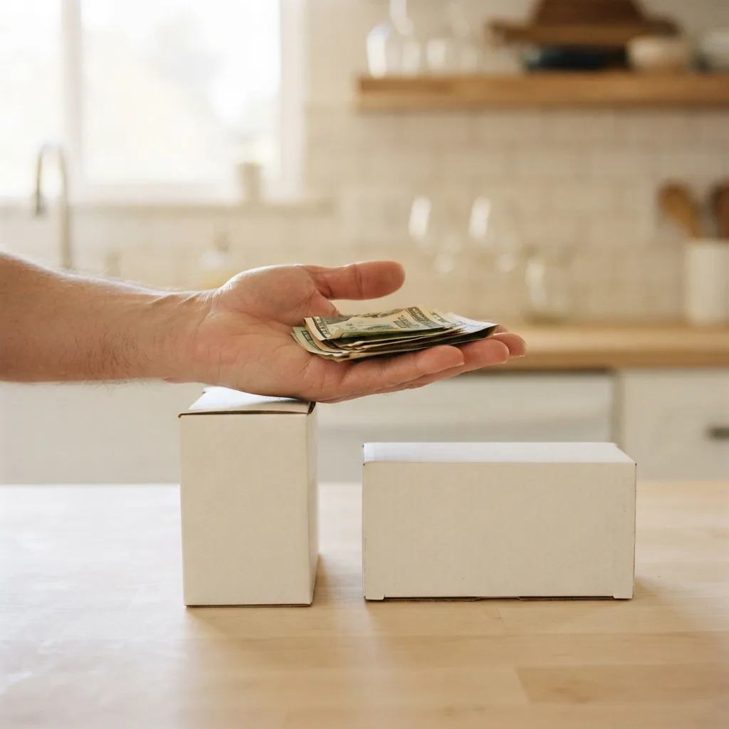 An open palm holding paper bills next to two boxed replacement filters on a kitchen counter