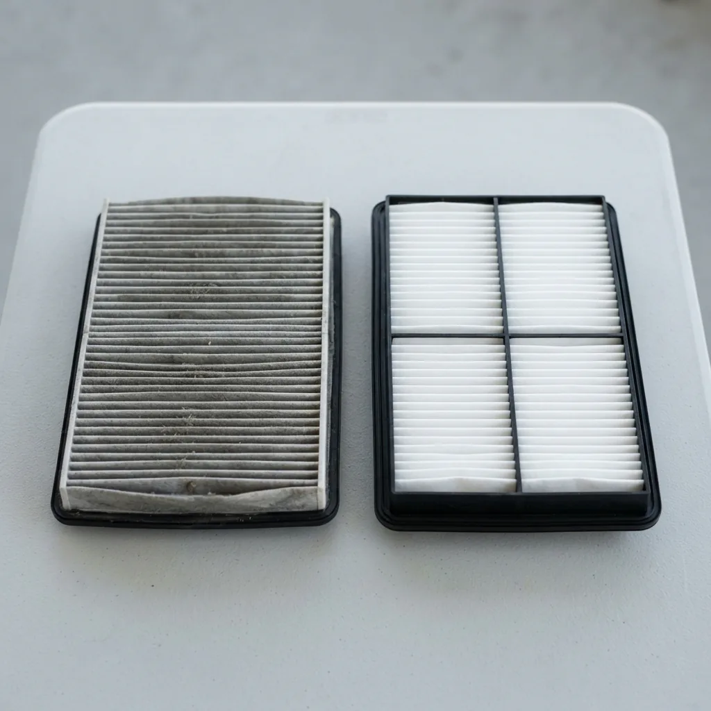 A worn filter cartridge placed beside a new replacement cartridge on a table for size comparison