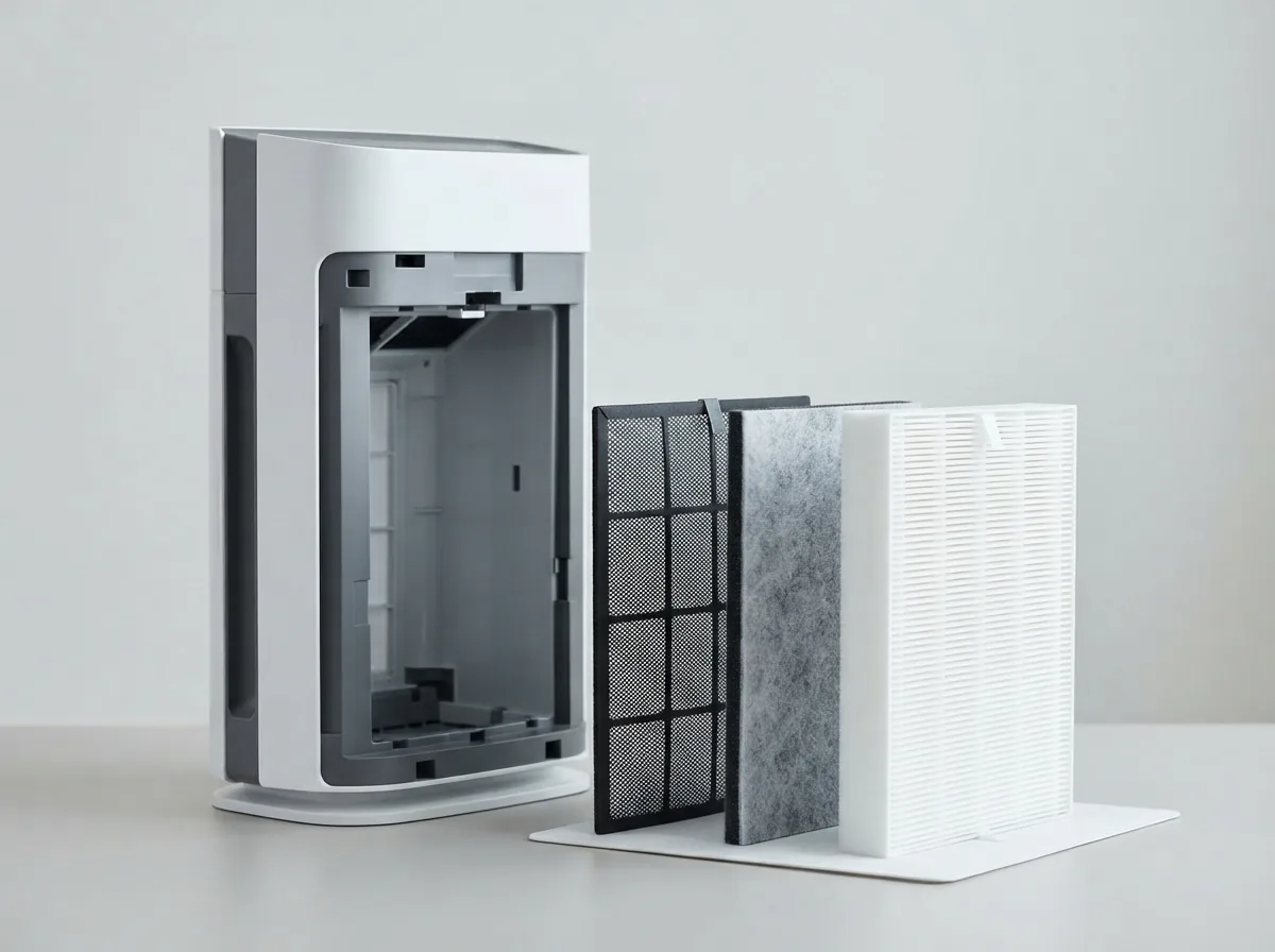Winix D480 air purifier with its filter bay open, showing the pre-filter, carbon filter and True HEPA filter lined up beside the unit