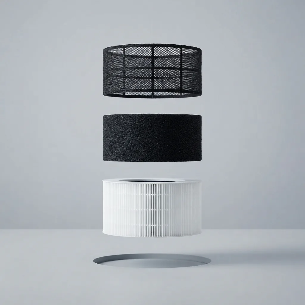 Exploded view of a Winix C545 filter cartridge showing pre-filter, carbon and pleated HEPA layers