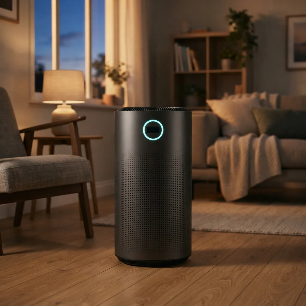 Air purifier with a glowing sensor ring in a living room at dusk