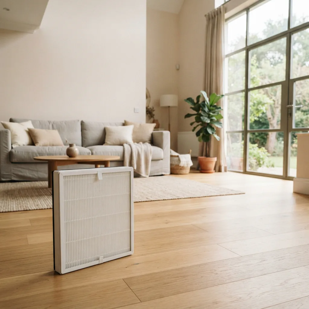 Replacement filter on the floor of a spacious living room with a sofa and tall window