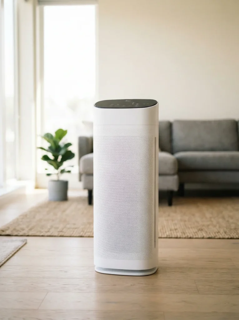 Winix C535 3-stage True HEPA tower air purifier standing alone on a light oak floor in a bright living room