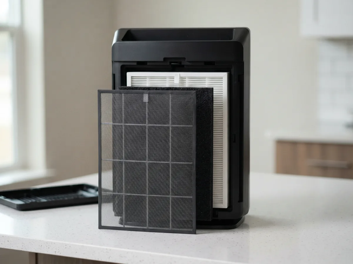 Winix 5510 air purifier with its rear panel removed, showing the prefilter, carbon filter and True HEPA cartridge stacked inside