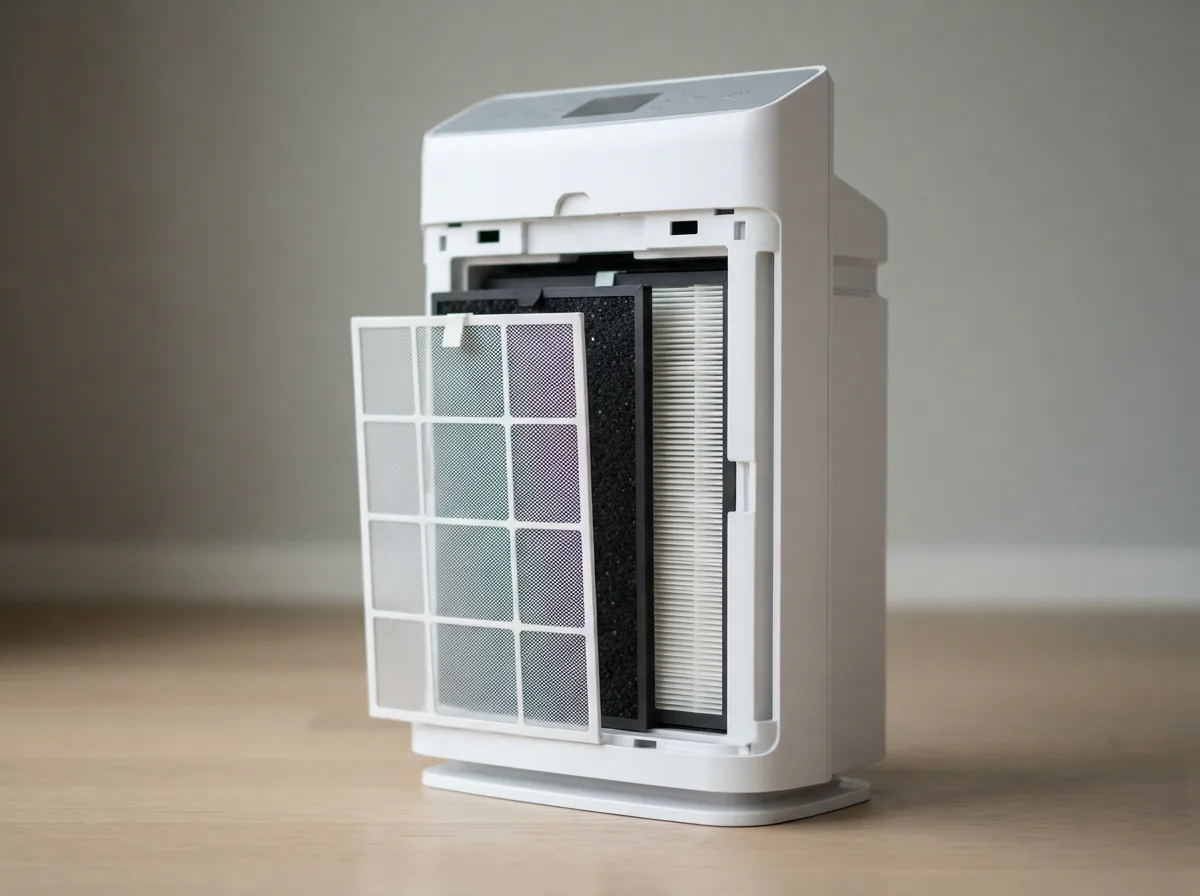 Winix C545 air purifier with its rear filter panel removed showing the stacked filter layers inside
