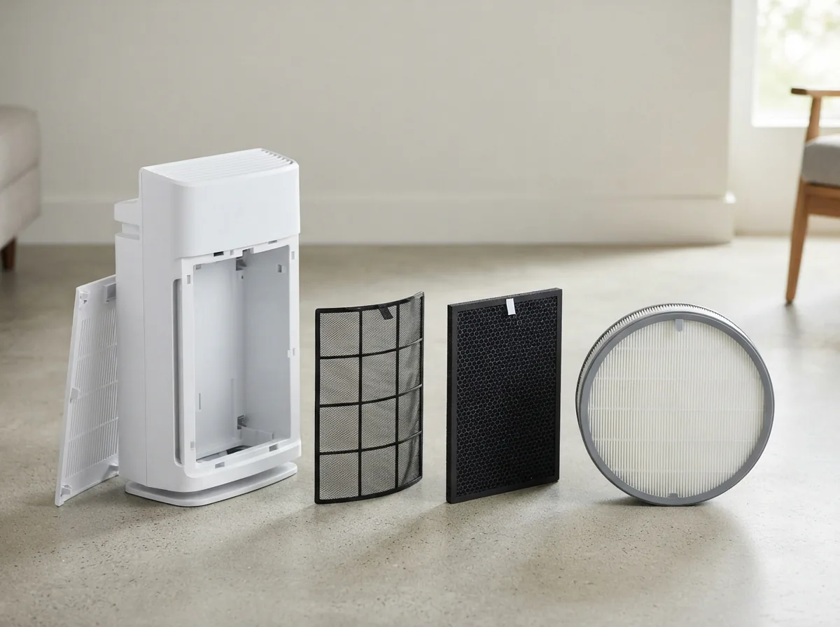 Winix C535 tower air purifier shown open with pre-filter, carbon filter and True HEPA filter laid out beside it