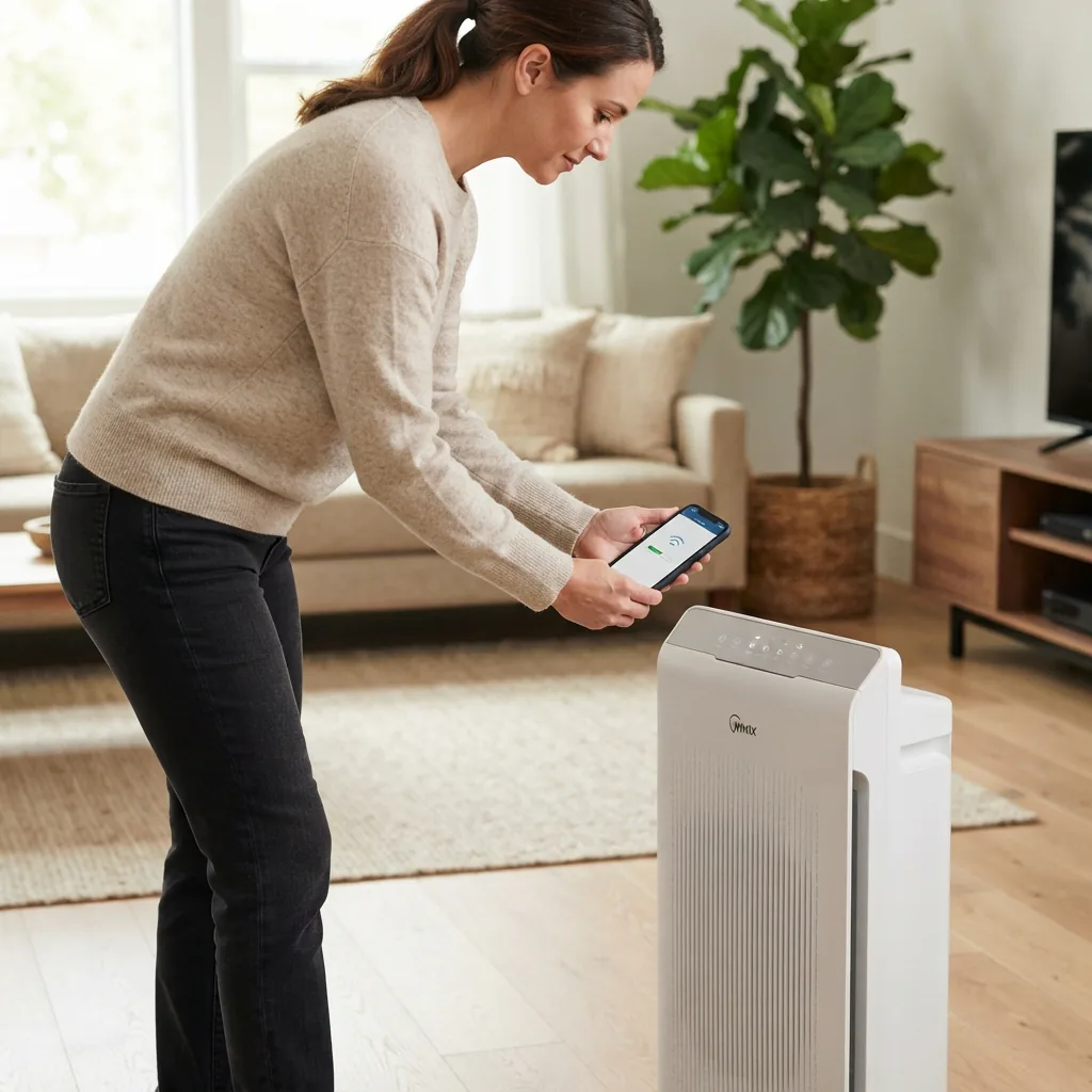 An adult holding a smartphone near the Winix C545 air purifier in a living room