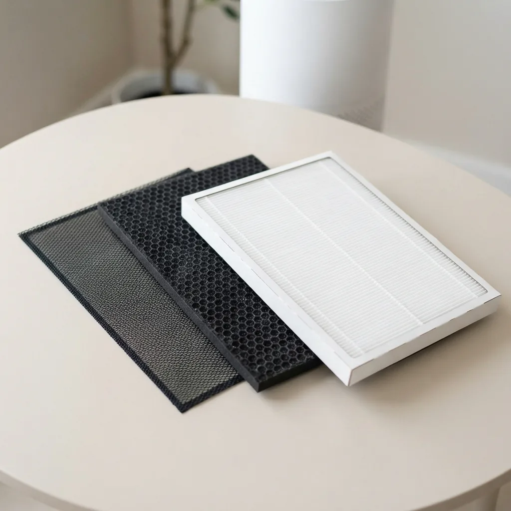 Exploded view of layered air purifier filter media on a light table