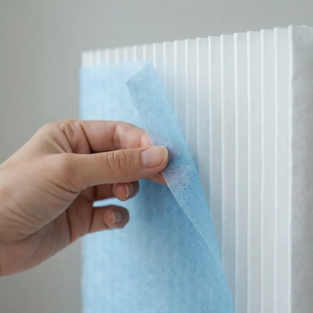 One adult hand holding a blue-tinted guard layer in front of a white pleated air purifier filter.