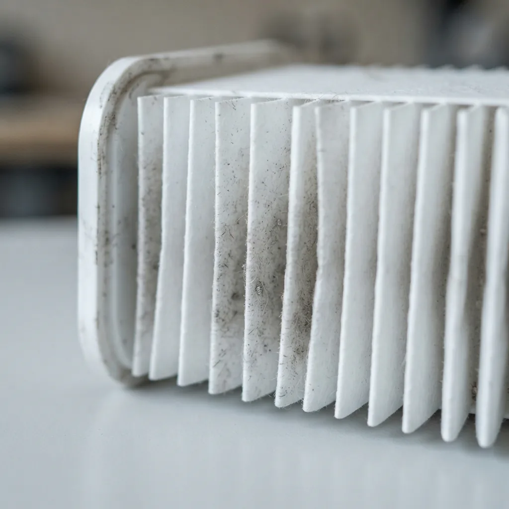Close-up of a white pleated HEPA filter surface with trapped fine dust