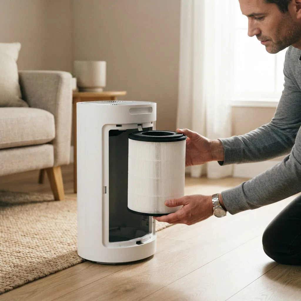Filter cartridge held beside an air purifier's open filter compartment