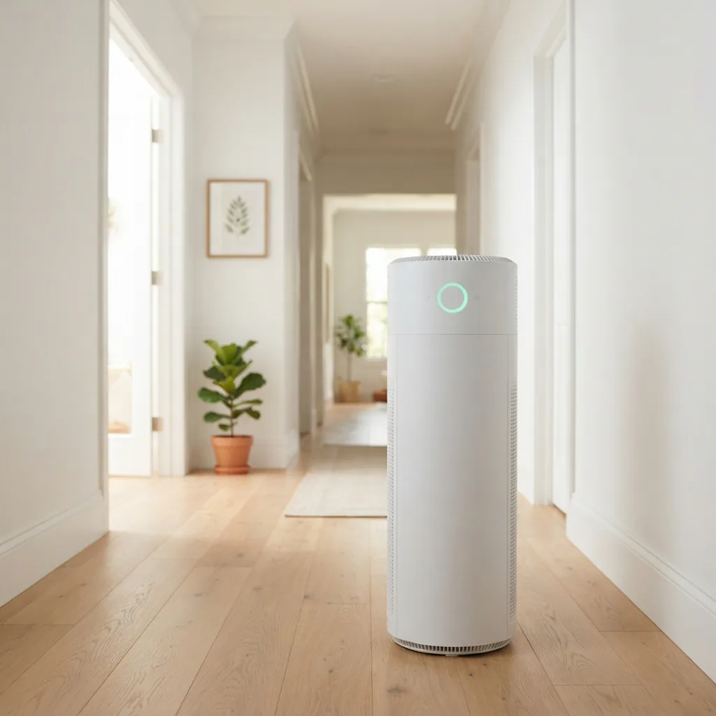 Hand-free Winix purifier running on a sensor indicator in a hallway