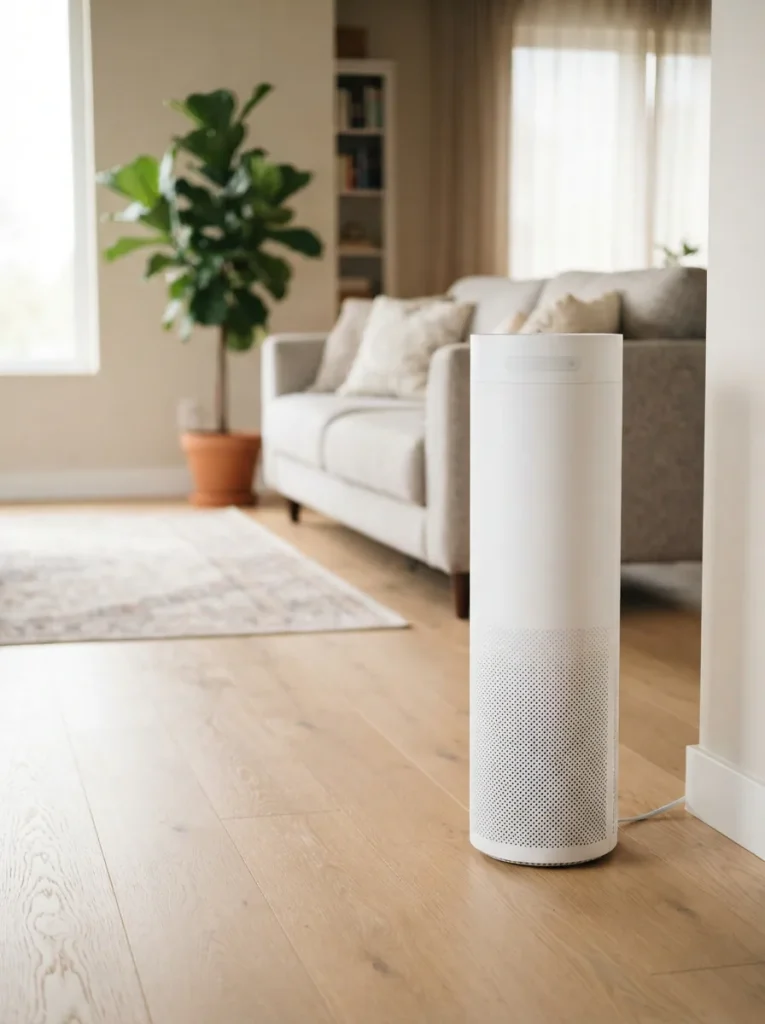 White tower air purifier standing on a wood floor in a bright living room