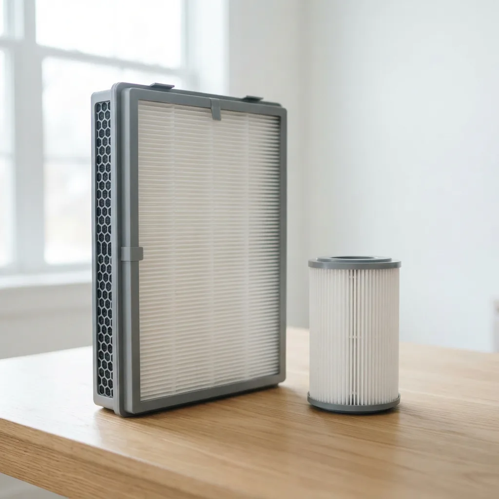 A large whole-house replacement filter cartridge held next to a small compact bedroom filter cartridge for size comparison