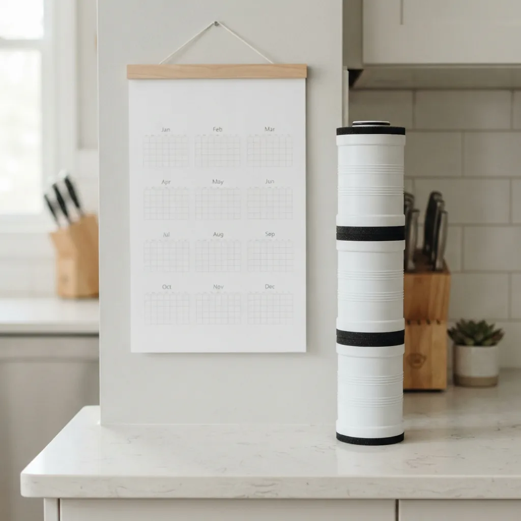 Replacement filter cartridges stacked beside a blank calendar on a counter