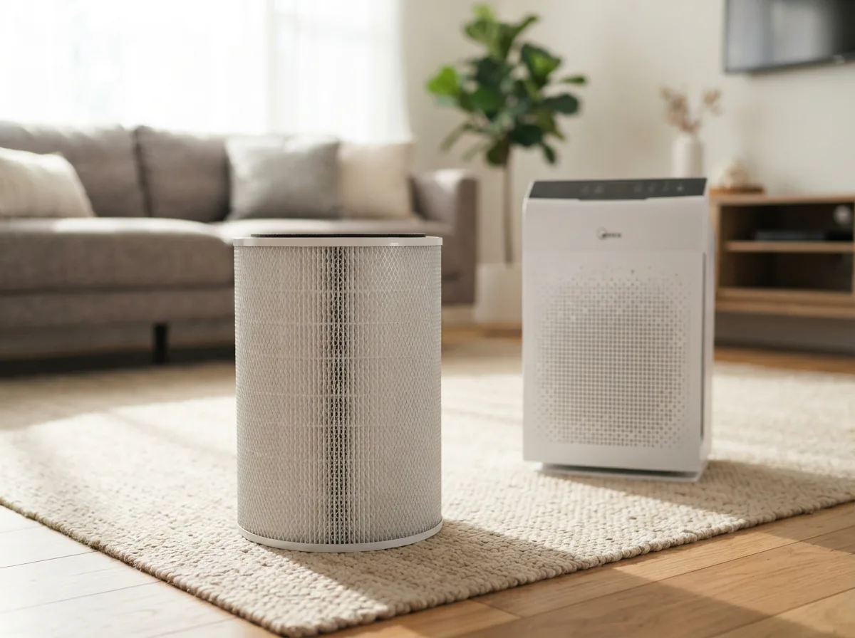 Genuine Winix 115115 replacement filter A beside an air purifier on a living room rug