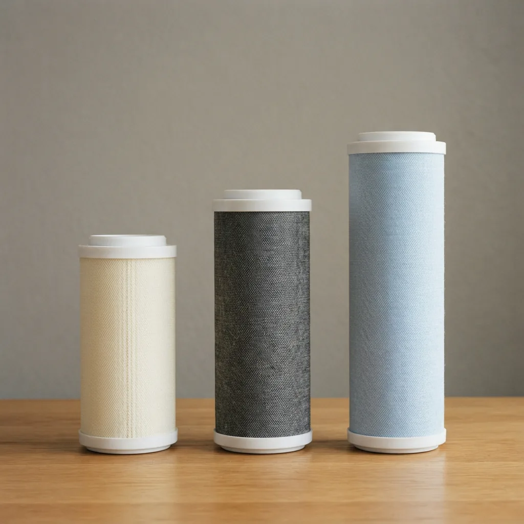 Three replacement air purifier filter cartridges of different sizes lined up on a wooden table